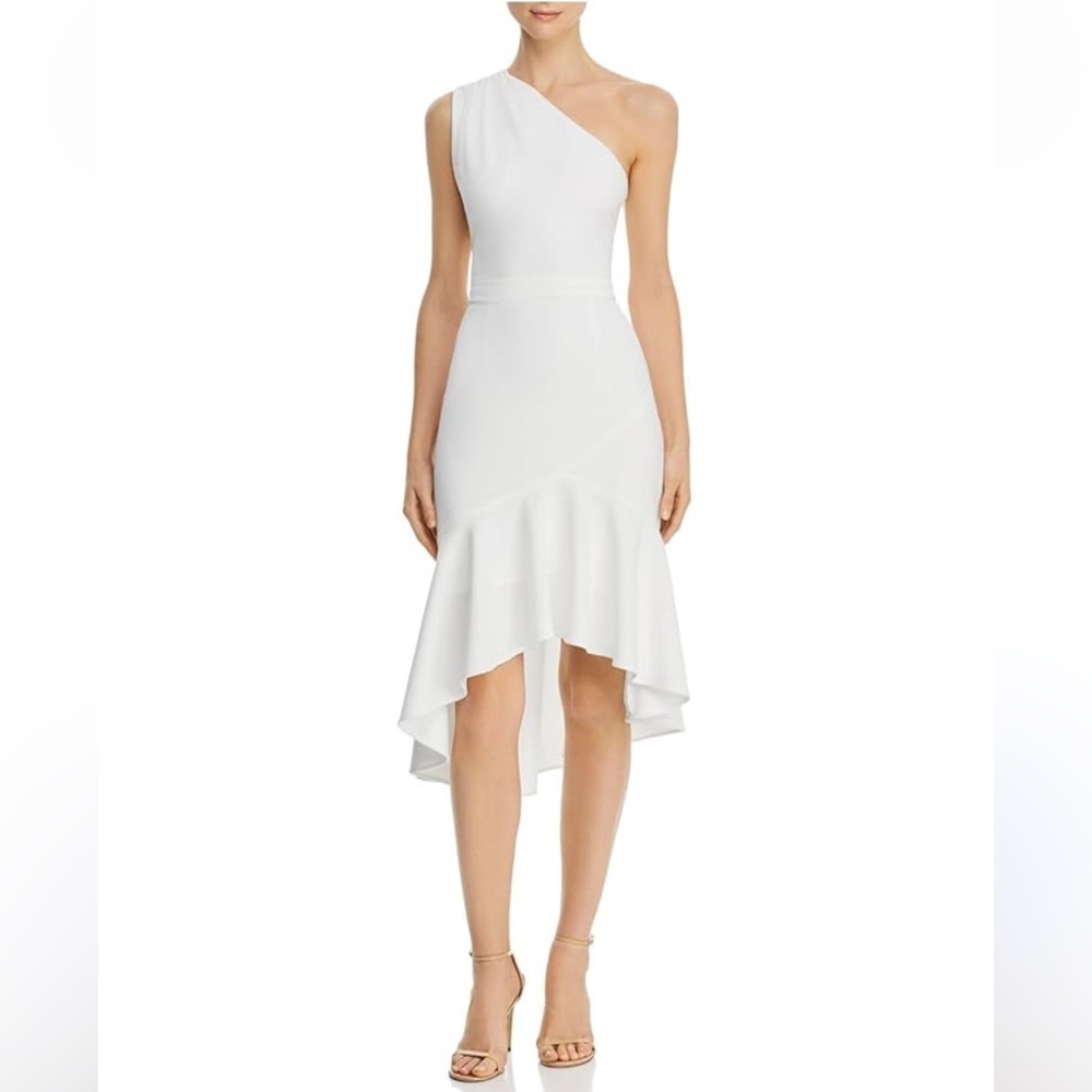 White One Shoulder Flutter Hi Low Hem Dress Minimalist Chic Bridal size 0